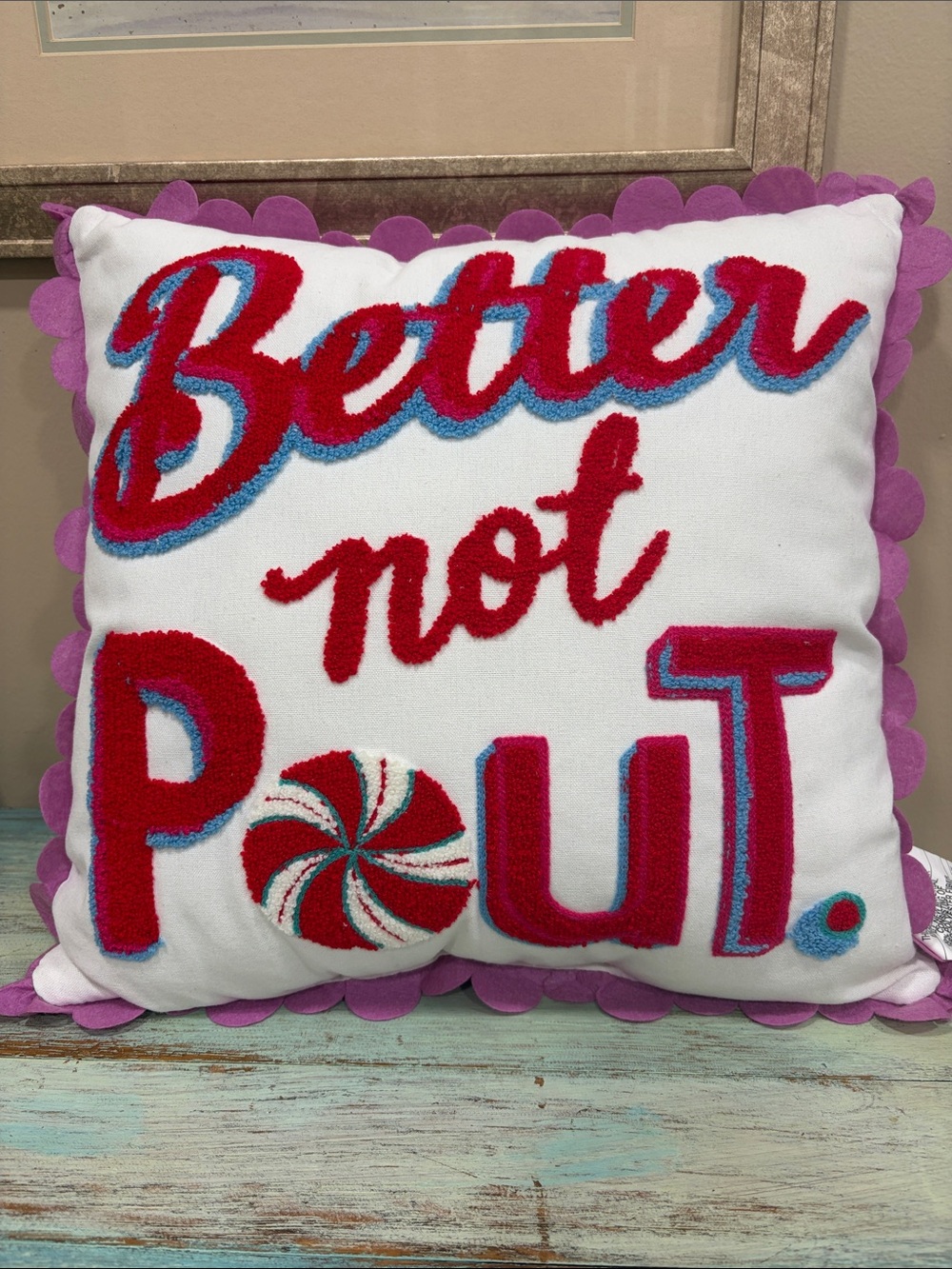 Better Not Pout Christmas Holiday Peppermint Whimsical Punch Needle Throw Pillow